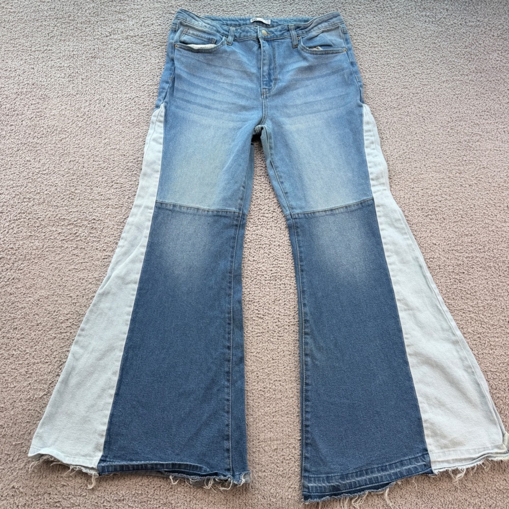 SO Goods for Life Women Patchwork Flare Jeans Blue Multi Colorblock Size 15 32W